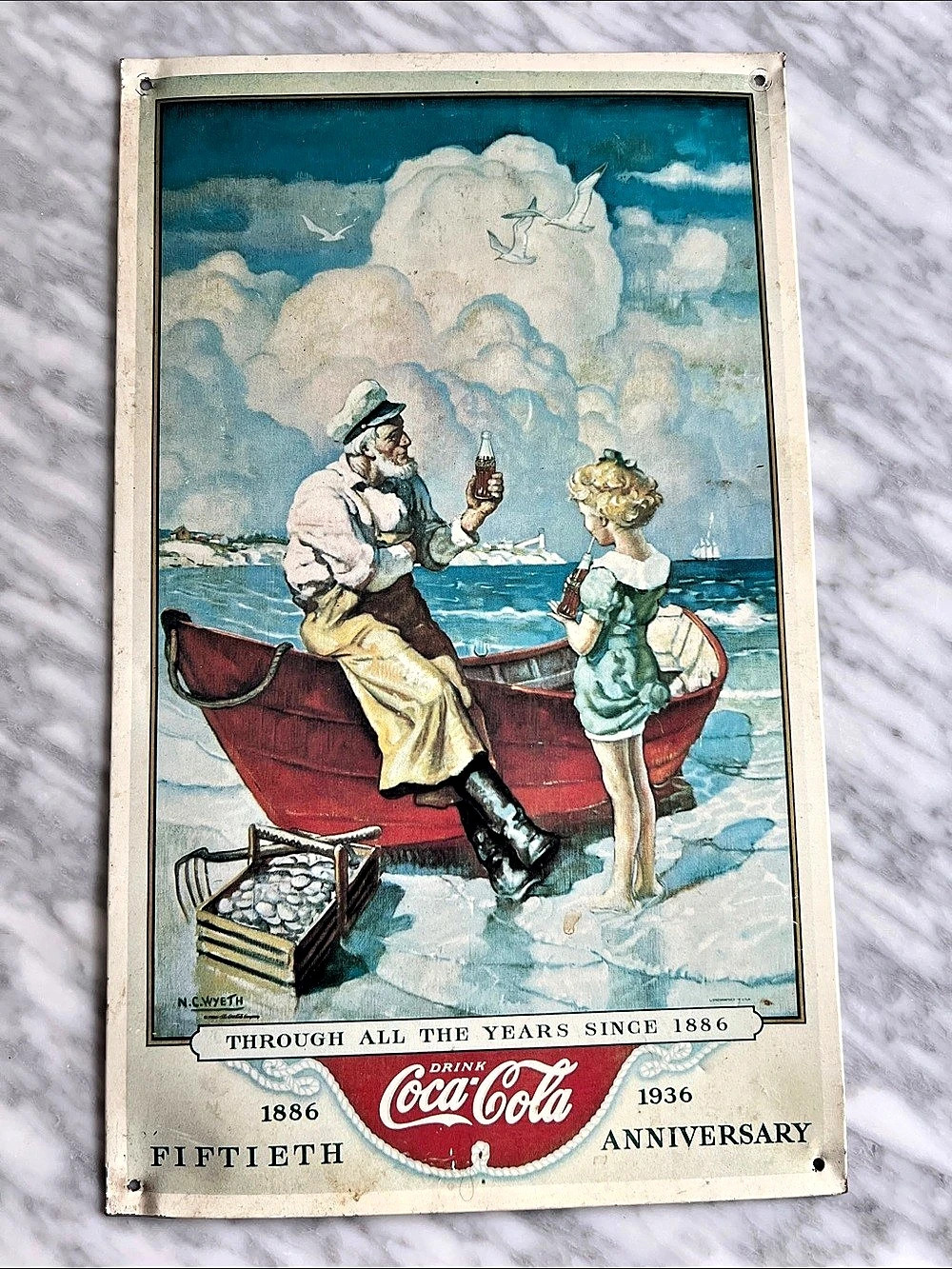 Coca-Cola N.C. Wyeth 1936 Fiftieth Anniversary Metal Sign